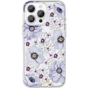 SCORPIFY for iPhone 16 Pro Case [Compatible with MagSafe] with Purple Anemone Floral Design, Cute Clear Flower Phone Magnetic Cover for Women Girls, Slim Bumper with Gold Accents
