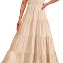 PRETTYGARDEN Women's Summer Flowy Maxi Dress Casual Cap Sleeve V Neck Smocked Beach Sundress (Solid Beige, Small)