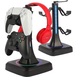 Controller Headset Stand with 10 Color Light Modes - RGB Headphone Holder for PS5, Xbox, Switch - Gaming Room Decor, Desk Organizer for Gamers