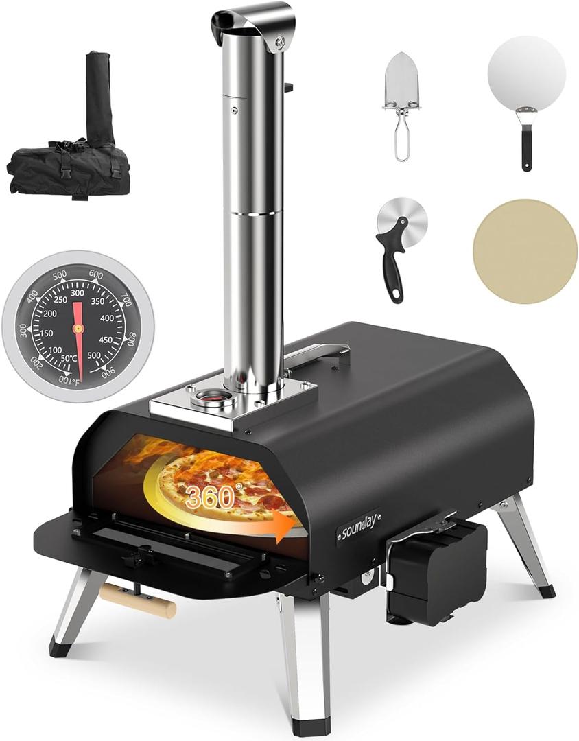 Sounday Pizza Oven Outdoor, 12" Pellet Outdoor Pizza Oven with 360Auto Rotating Pizza Stone, Built-in Thermometer, Portable Wood Fired Pizza Maker with Pizza Cutter, Peel, Backing Paper & Carry Bag
