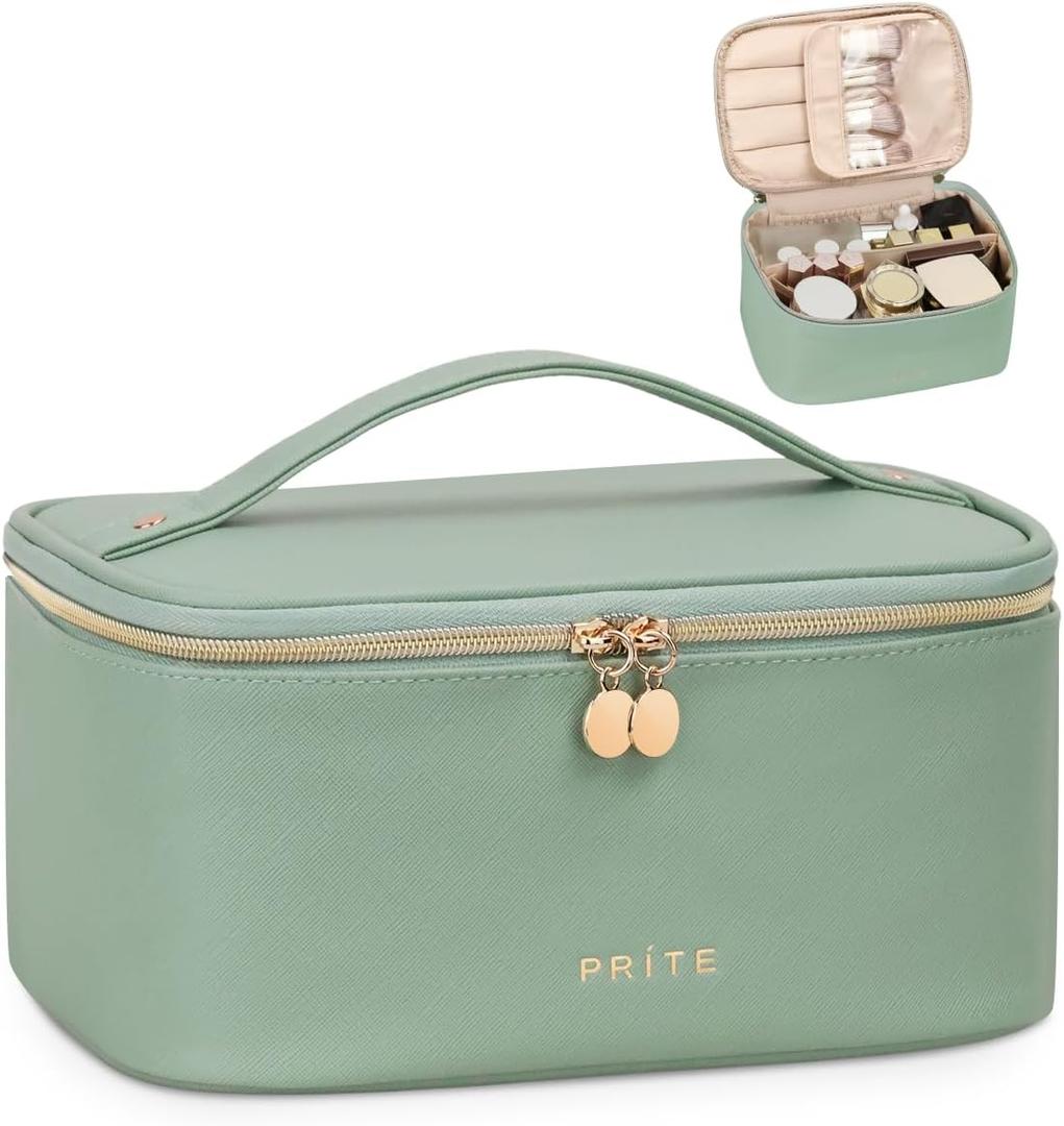 Prite Makeup Bag, Large Capacity Portable Travel Cosmetic Bag, Waterproof Makeup Organizer for Women with Handle and Divider (001 Green)