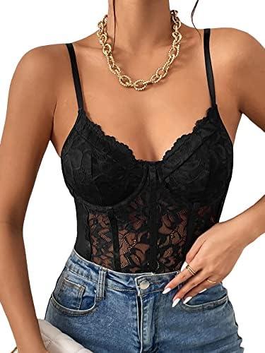 Milumia Women's Sexy Floral Lace Sheer Mesh Corset Bodysuit Spaghetti Strap Cami Tops Going Out Size M