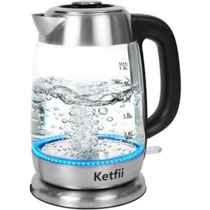 Electric Glass Kettle 1.8L, 1200W Fast Boil for Tea & Coffee, Auto Shut-Off & Boil-Dry Protection, BPA-Free, 304 Stainless Steel & Borosilicate Glass, Removable Lid for Easy Cleaning