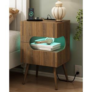 JOONEE Nightstand with Charging Station and LED Lights,Modern Bedside Table with 2 Storage Drawer,Night Stand with Solid Wood Legs,White (Walnut Brown)
