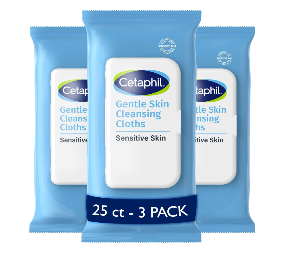 Cetaphil Face and Body Wipes, Gentle Skin Cleansing Cloths, 25 Count (Pack of 3), for Dry, Sensitive Skin, Flip Top Closure, Great for the Gym, Travel, in the Car, Hypoallergenic, Fragrance Free