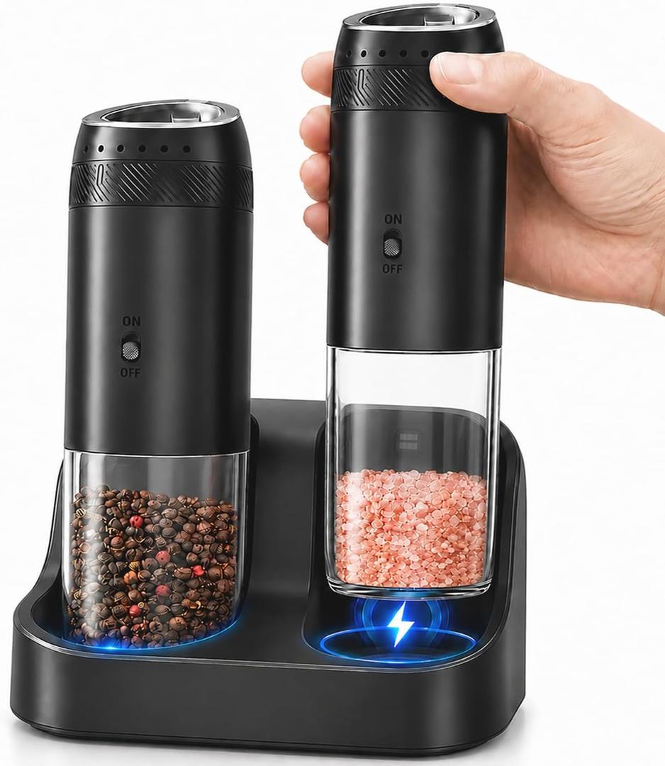 Gravity Electric Salt and Pepper Grinder Set, Rechargeable Automatic Mills with Charging Base, 6-Level Adjustable Coarseness, LED Light, Matte Black, 2-Pack