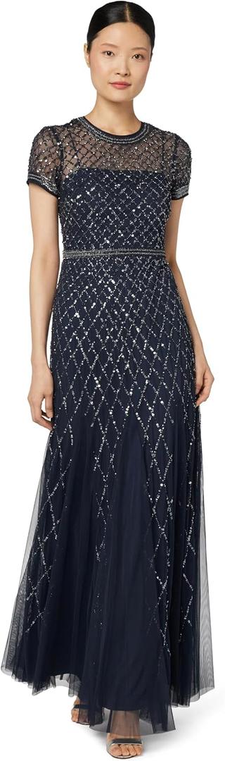 Adrianna Papell Womens Short-Sleeve Grid Beaded Gown (Blue, 14)