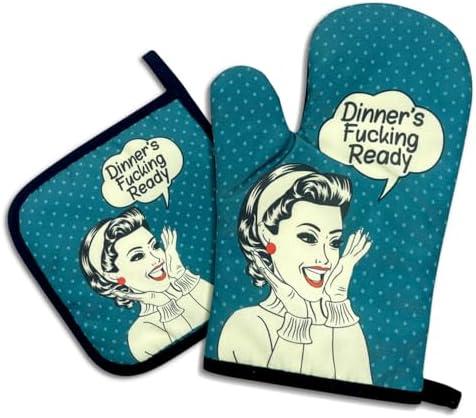 Dinner's Fxxking Ready,Funny Oven Mitts and Pot Holders,Silicone Non-Slip Oven Mitts,Kitchen Gift for Women,Housewarming Gift Ideas,Cooking Baking BBQ Gifts, Pack of 2