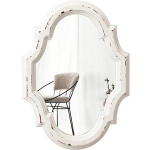 Small Vintage Oval Mirrors for Wall Decor 11 inch, Hanging Farmhouse Wood Entryway Mirror, Distressed White Rustic Scalloped Mirror, Ornate Accent Sculpted Mirrors for Living Room