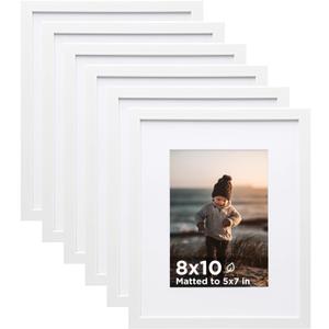 KINLINK 8x10 Picture Frame White Set of 6, Wooden Photo Frames Matted 5x7 with Plexiglass for 5x7 with Mat or 8x10 without Mat for Table and Wall Display