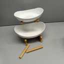 2 Tier Ceramic Fruit Bowl With Bamboo Wood Stand for Kitchen Counter,Porcelain Fruit Basket for Vegetable Storage,Snack Dessert Cake Tray Plate Rack for Party Wedding - White