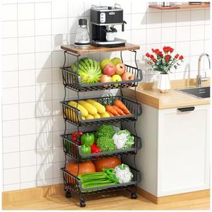 Gsiekare Fruit Vegetable Basket for Kitchen, 5 Tier Stackable Fruit Vegetable Storage Baskets with Wheels, Metal Wire Storage Basket Organizer Baskets for Kitchen, Pantry, Bathroom