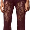 RoseSeek Women's Floral Lace Sheer Mesh Flare Pants Elastic High Waisted Long Trousers (Red, XS)