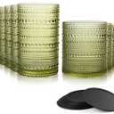 Hobnail Drinking Glasses Set of 12 Count, Vintage Glassware, Old Fashioned Glasses, 6 Highball Bubble Drinking Cups 14.5 oz, 6 Rocks Cups 10 oz with 6 Silicone Coasters, Green