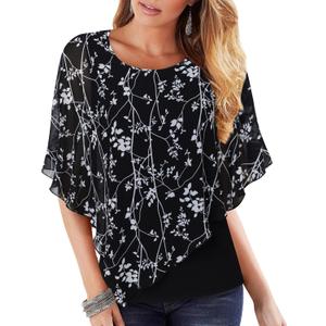 Lotusmile Women's Lightweight Flowy Shirt Double-Layered Printed Chiffon Poncho Blouse Top (Large, Ivy Black)