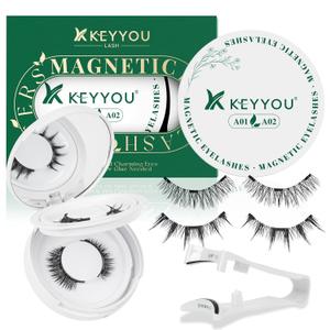 KEYYOU Daily Wear Reusable Magnetic Eyelashes 2 Pair with Applicator No Glue Needed 3D Natural Magnetic Lashes, Easy to Apply & Long Lasting for Daily Use & Events(A01+A02)