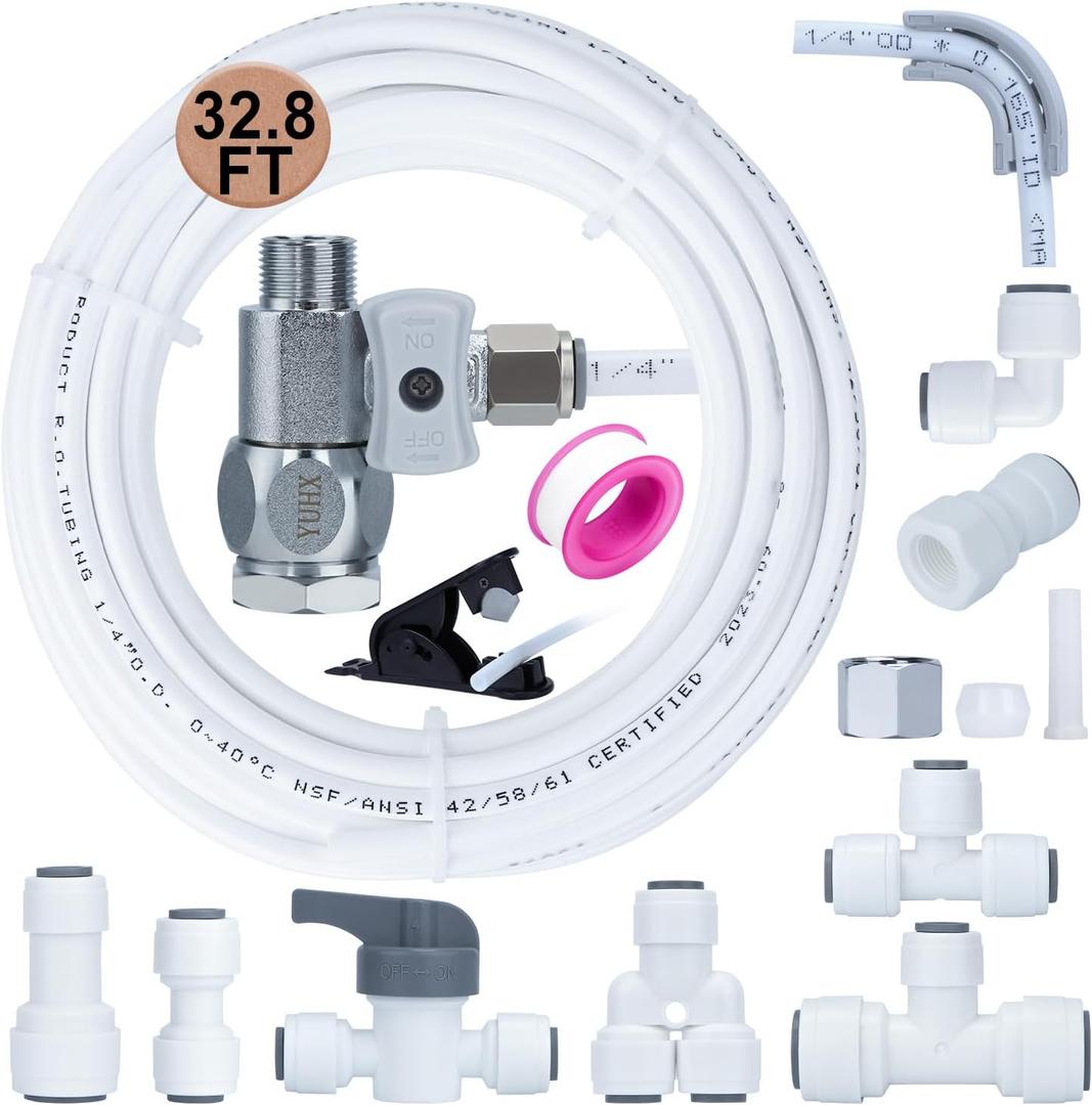 Refrigerator Water Line Kit - 1/4 Compression Ice Maker Installation Kit with Feed Water Adapetr,32.8ft 1/4" OD Tubing with Quick Connect Use for Refrigerator Fridge IceMaker RO Systems Filter Faucet