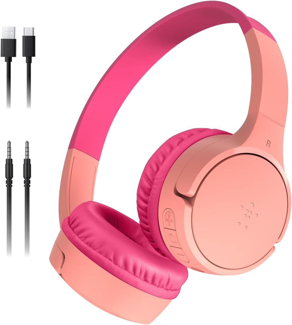 Belkin SoundForm Mini - Wireless Bluetooth Kids Headphones, 30H Battery, 85dB Safe Volume Limit, Built-in Microphone - Toddler On-Ear Earphones for iPhone, iPad, Fire Tablet, Ideal for School - Pink