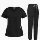 niaahinn Scrub Suit Set for Women Modern V-neck Top & Tapered Leg Jogger Pants with Drawstring Medical Nursing Uniforms Set, S