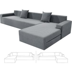 ZNSAYOTX Sectional Couch Covers, Stretch Jacquard Slipcovers with Elastic Bottom for L-Shape Sectional Sofa, 2 Pcs Pet Friendly Modular Sofa Protector (3 Seat Couch + 3 Seat Chaise, Light Grey)