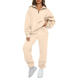 AUTOMET Women's Sweatsuits 2 Piece Outfits Lounge Sets Long Sleeve Half Zip Pullover and Baggy Sweatpants with Pockets (Large, Apricot)