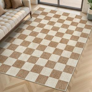 LIVEBOX 4x6 Washable Area Rug Checkered, Non-Slip Small Entryway Rug Brown Farmhouse Neutral Classic Geometric Boys Rug for Bedroom Living Room Low-Pile Carpet for Indoor Kitchen Bathroom (Brown 4'x6')