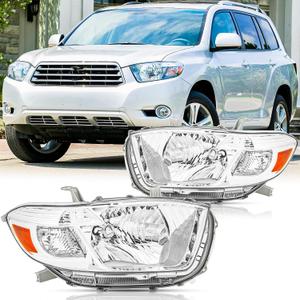 Headlights Assembly Pair for 2008 2009 2010 Toyota Highlander Headlamps Head Lights Replacement Driver and Passenger Side,Chrome Housing Amber Reflector