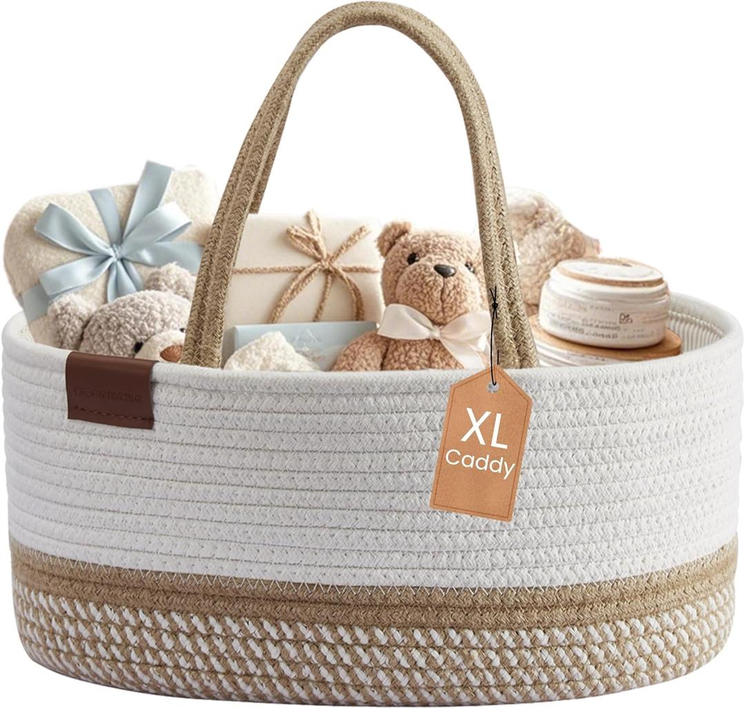 DECOMOMO XL Baby Caddy Organizer, Mother's Day Diaper Caddy Basket, Baskets for Baby Shower Gifts (Spiral Beige & White, Extra Large)