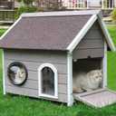 Rockever Outdoor Cat House, Waterproof Feral Cat House for Outdoor Cats with Escape Door and Clear Windows for 2 Cats (Grey)