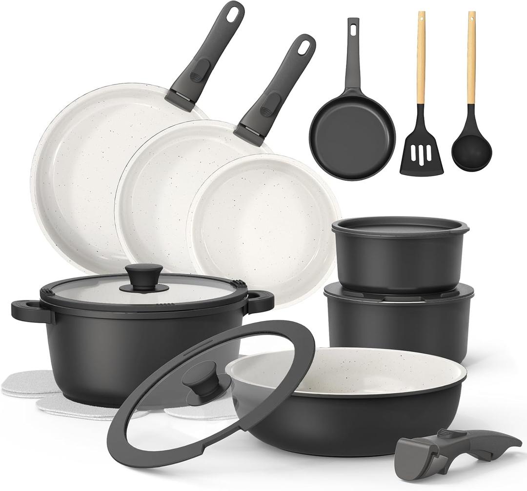 23Pcs Pots and Pans Set Non Stick,Titanium-Reinforced Ceramic Cookware Set with 3 Removable Handles,Scratch-Resistant & PFAS-Free,Induction,Oven,Dishwasher Safe,Stackable Space-Saving for RV & Camping