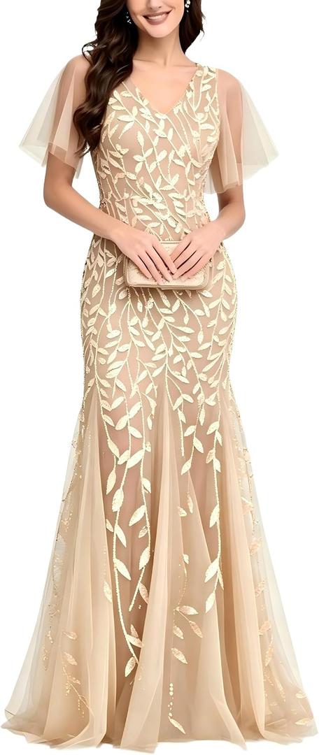 Women's Formal Evening Gowns Long Sparkly Sequin Elegant Tulle Sleeve Mother of Bride Dress Bodycon Maxi Prom Dresses (Beige, L)