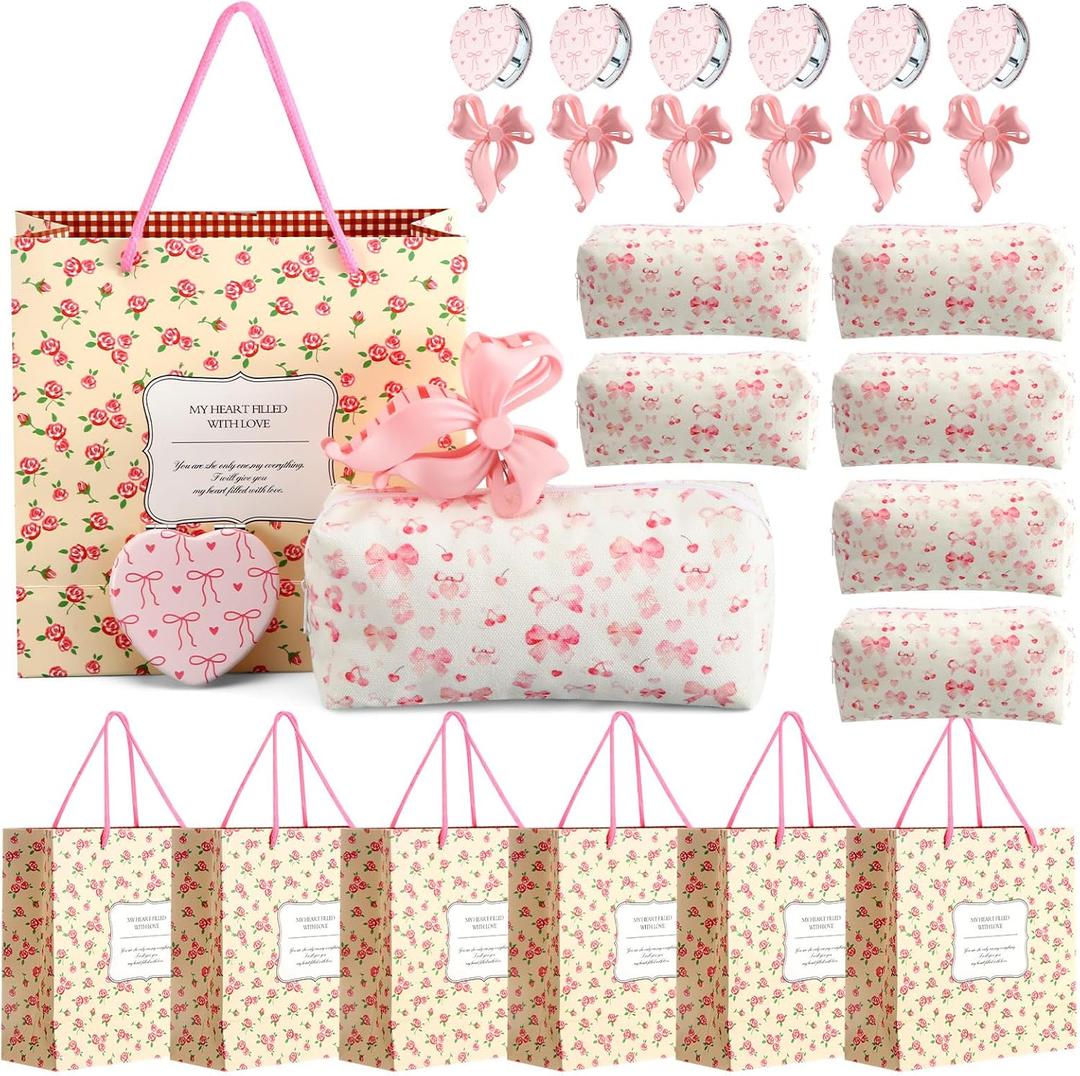Suncalla 24 Pcs Galentine's Day Gifts Bulk Pink Bow Bags Gifts Set for Women Coquette Basket Hair Clips Mirror Bowknot Canvas Cosmetic Bag for Mothers Friend Bridal Shower Birthday
