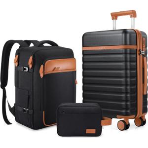 Luggage Sets 3 Piece, Carry On Luggage 20 Inch With Spinner Wheels, PC Hardside Suitcase Set with TSA Lock, Durable Carry On Suitcase With Travel Backpack for Men (Black, 3 piece set (20inch)