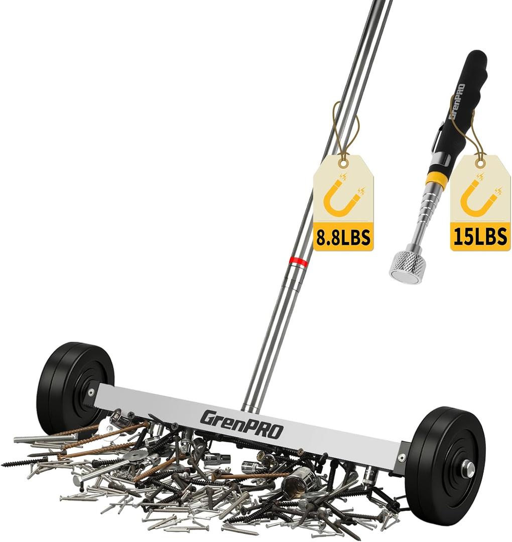 GRENPRO 17" Rolling Magnetic Sweeper with Wheels,8.8 Lbs Pull Force,Telescoping Handle,2-Pack Includes Magnetic Pickup Tool for Construction,Workshop,Garage & Yard