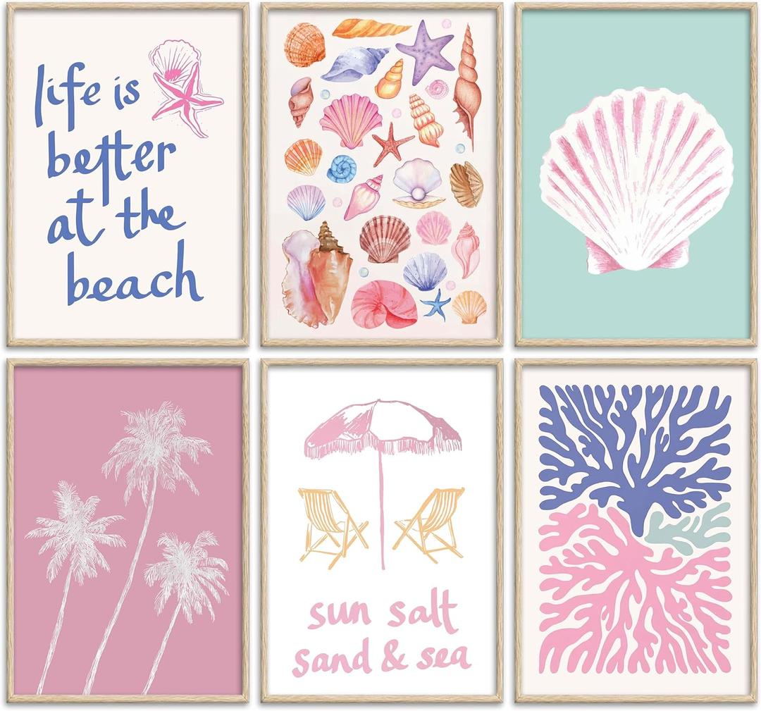 Pink Beach Preppy Wall Art Coastal Granddaughter Aesthetic Room Canvas Posters Colorful Coastal Seashell Pictures Prints Abstract Beach Painting Wall Decor for Girls Room Girls Dorm Home Unframed (10"l X 8"w)