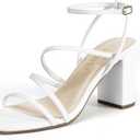 DREAM PAIRS Women's Heels Chunky Block Strappy Square Open Toe Ankle Buckle Heeled Sandals Wedding Party Dress Shoes Indie (7, White)