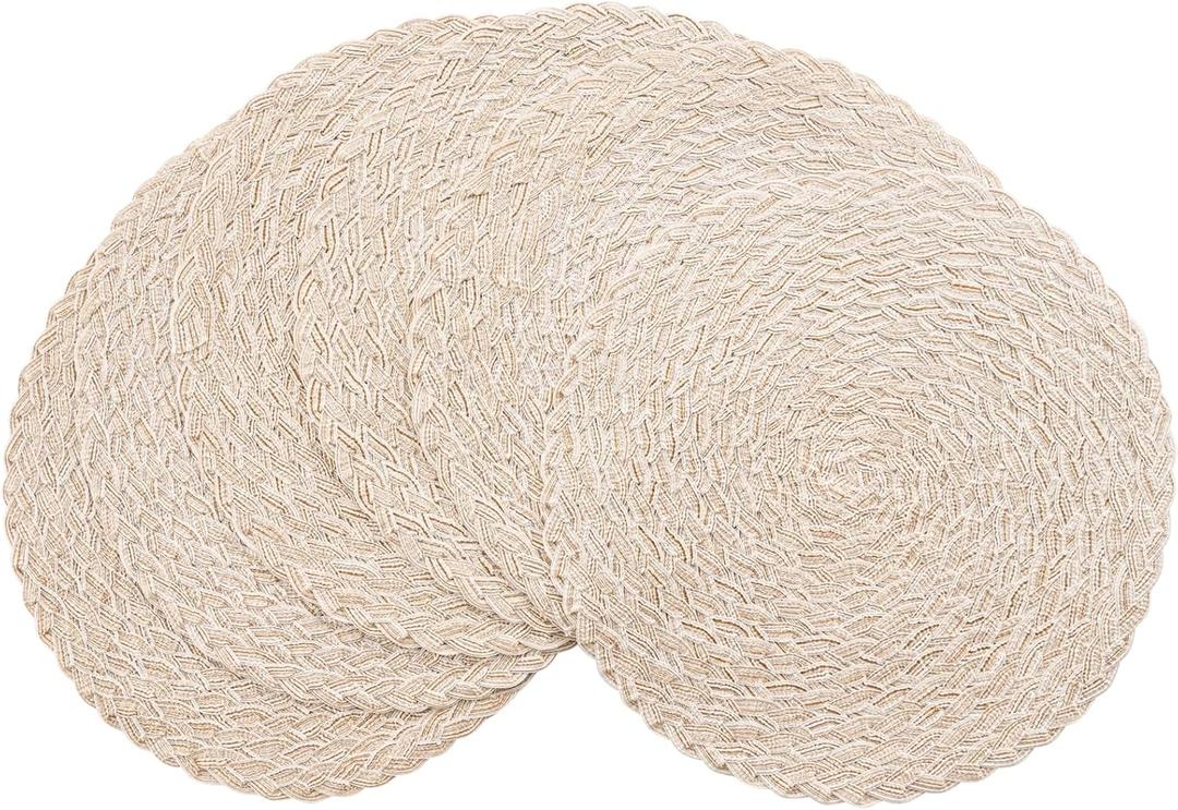 Floroom 15 Inch Round Braided Placemats Set of 6, Washable Heat Resistant Cotton Polyester Circle Boho Place Mats for Kitchen Dining Table - Canvas Beige