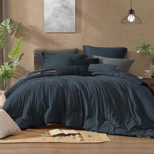 Monbix California King Comforter Set - 7 Pieces Cationic Dyeing Navy Blue Bed in a Bag Cal King Bedding Sets with Comforter, Sheets, Pillowcases & Shams, Reversible Bedding Comforters Sets