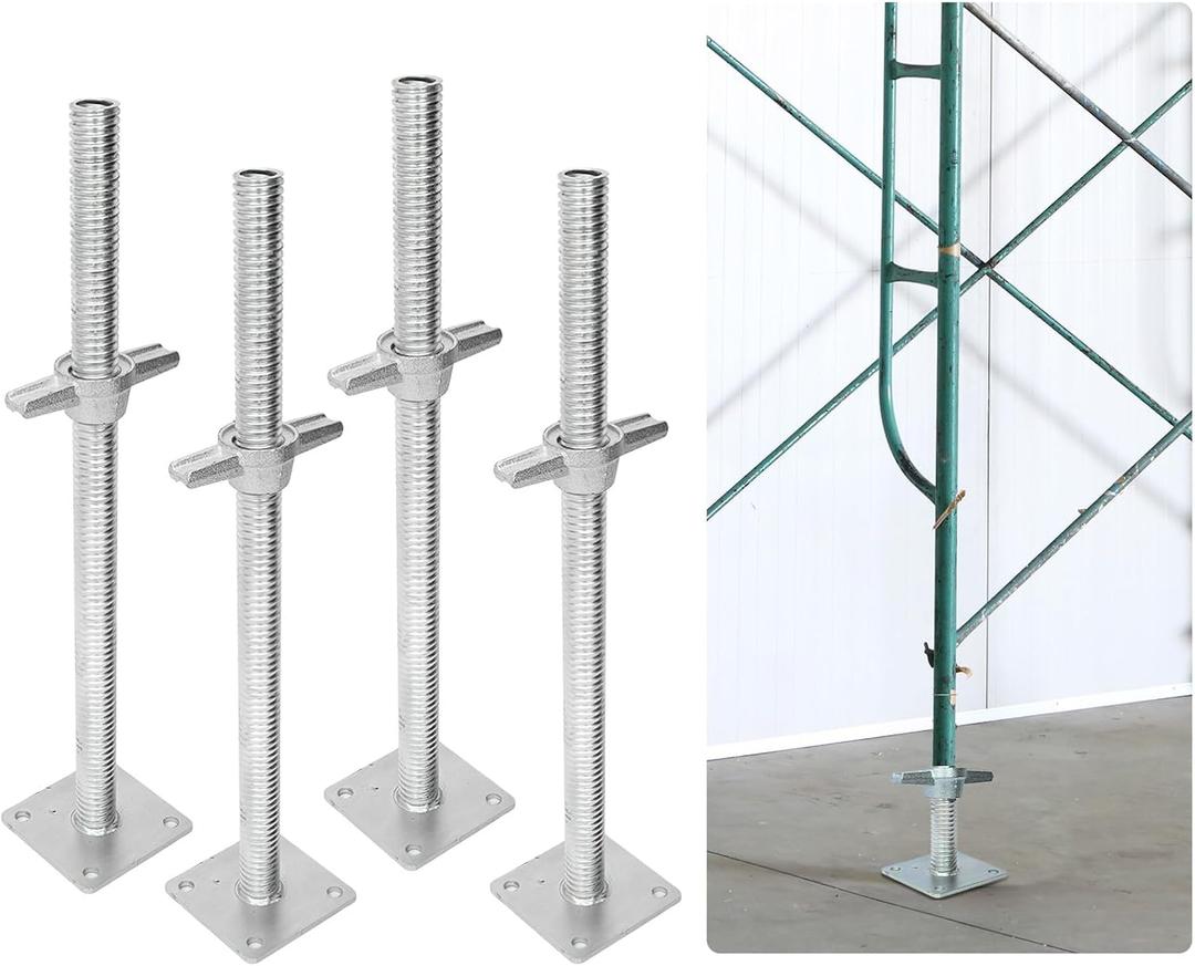 jxgzyy 4 Pcs 24" Adjustable Scaffold Leveling Jack 1-3/8" OD Galvanized Screw Jack with Base Plate Threaded Rod Scaffolding Feet for Baker-Style Scaffolding