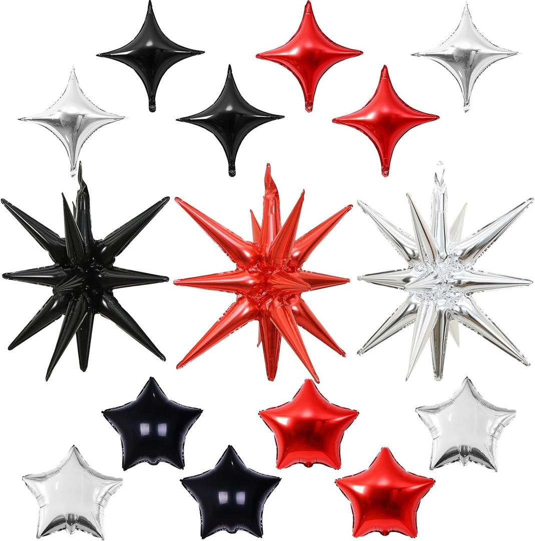 2 x Star Balloons, 22in Red Black and Silver Star Balloons Foil 10in 4-Pointed & Pentagram Balloon for Graduation New Year Wedding Birthday Party Decorations