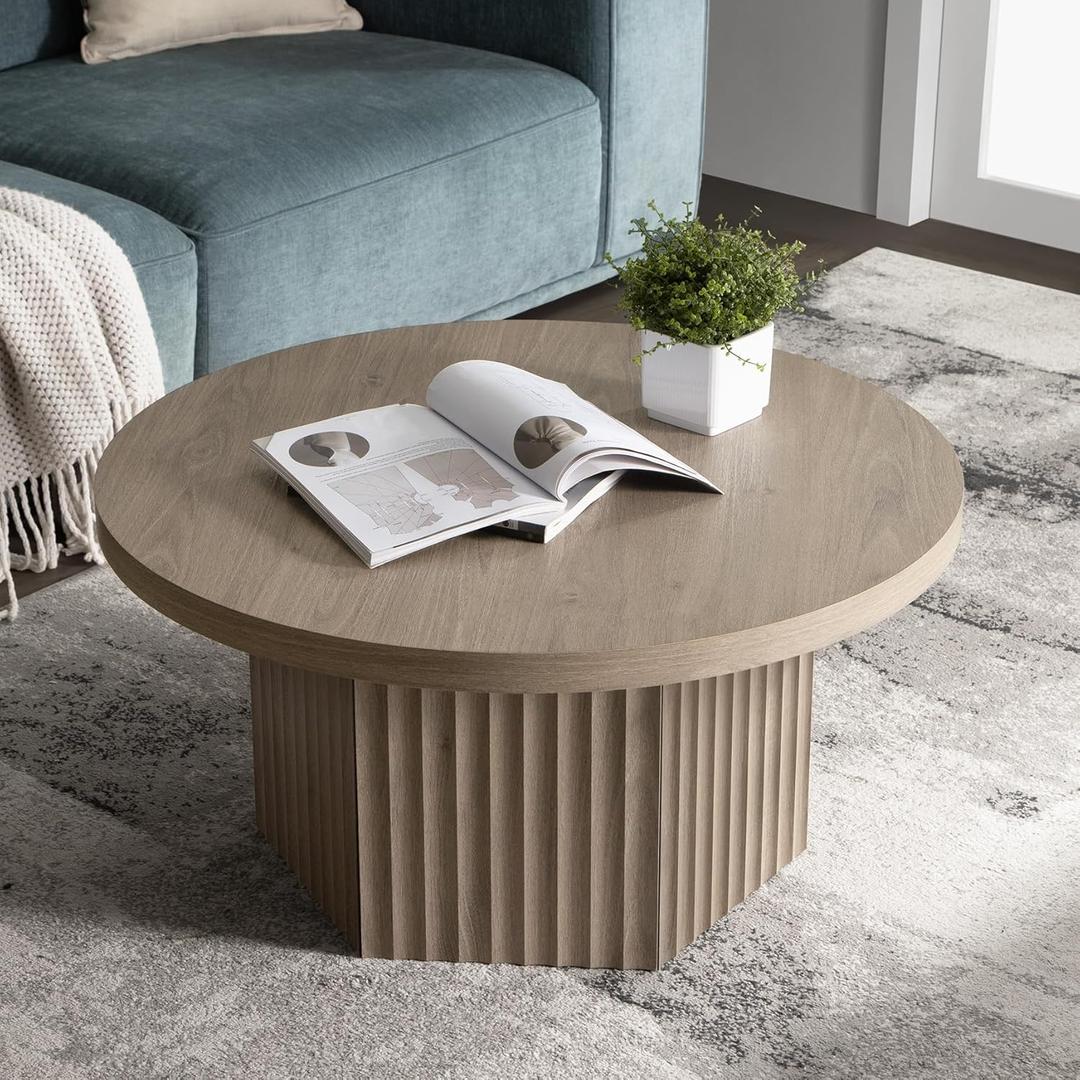 SICOTAS Round Coffee Table for Living Room, Modern Fluted Circle Center Coffee Table with Storage, 32" Accent Tea Dining Table for Apartment, Grey Alder (31.5"D x 31.5"W x 15.6"H)
