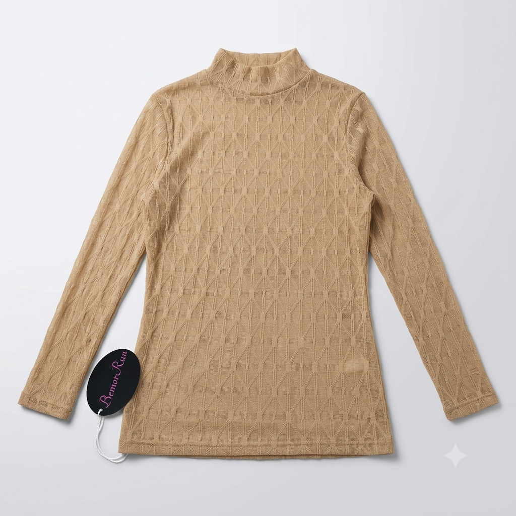 BemorRun Mesh Long Sleeve Top Lace Tops for Women Mock Neck See Through Fitted Sexy Date Night Outfit (Khaki, Small)