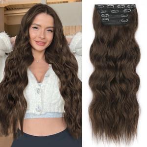 ALXNAN Clip in Hair Extensions for Women,Chocolate Brown with Dark Brown Long Wavy Hair Extensions Clip Ins 4PCS 24 Inch Synthetic Soft and Natural Thick Hair Pieces for Women