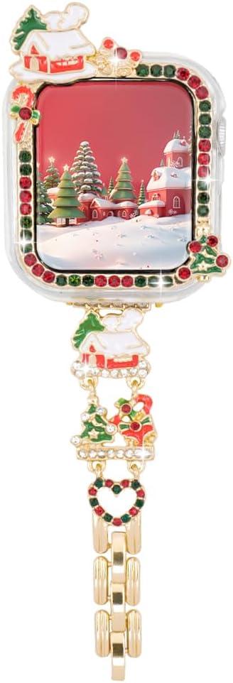 Compatible with Apple Watch Bands 45 mm 44mm 41 mm 40mm, Halloween Christmas Bling Jewelry iWatch Series 9/8/7/6/SE/5/4 Bracelet Strap with Cute Metal Chain Charms for Women