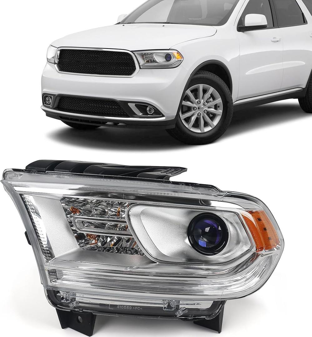 FIONE Halogen W/O LED DRL Headlight Assembly Compatible With Dodge Durango 2014-2020 Chrome Housing Headlights Left Driver Side LH