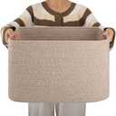 OIAHOMY Cotton Rope Basket, Rectangle Woven Nursery Blanket Basket, Toy Storage Basket with Handle, Baskets for Organizing, 18”x14”x12”, Brown variegated