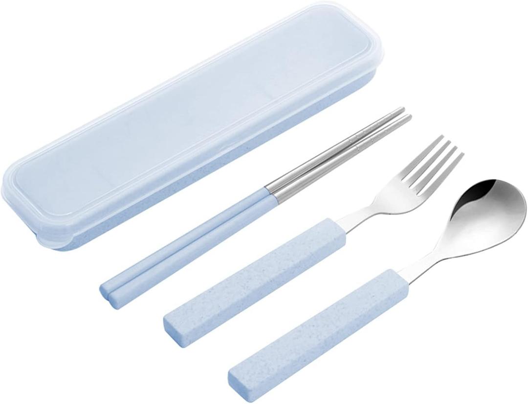 VANRA 3-Piece Children Utensils Set 18/8 Stainless Steel Child Flatware Set Silverware Spoon Fork Chopstick Set with Travel Case for Kids Lunch Box (Blue)