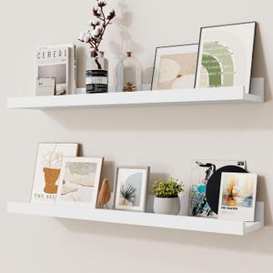 Heimlove Picture Ledge Shelf,24 inch Long Floating Shelves for Wall Set of 2,White Picture Shelf with Lip for Wall Decor,Living Room,Bedroom,Bookshelf,Nursery,Perfume