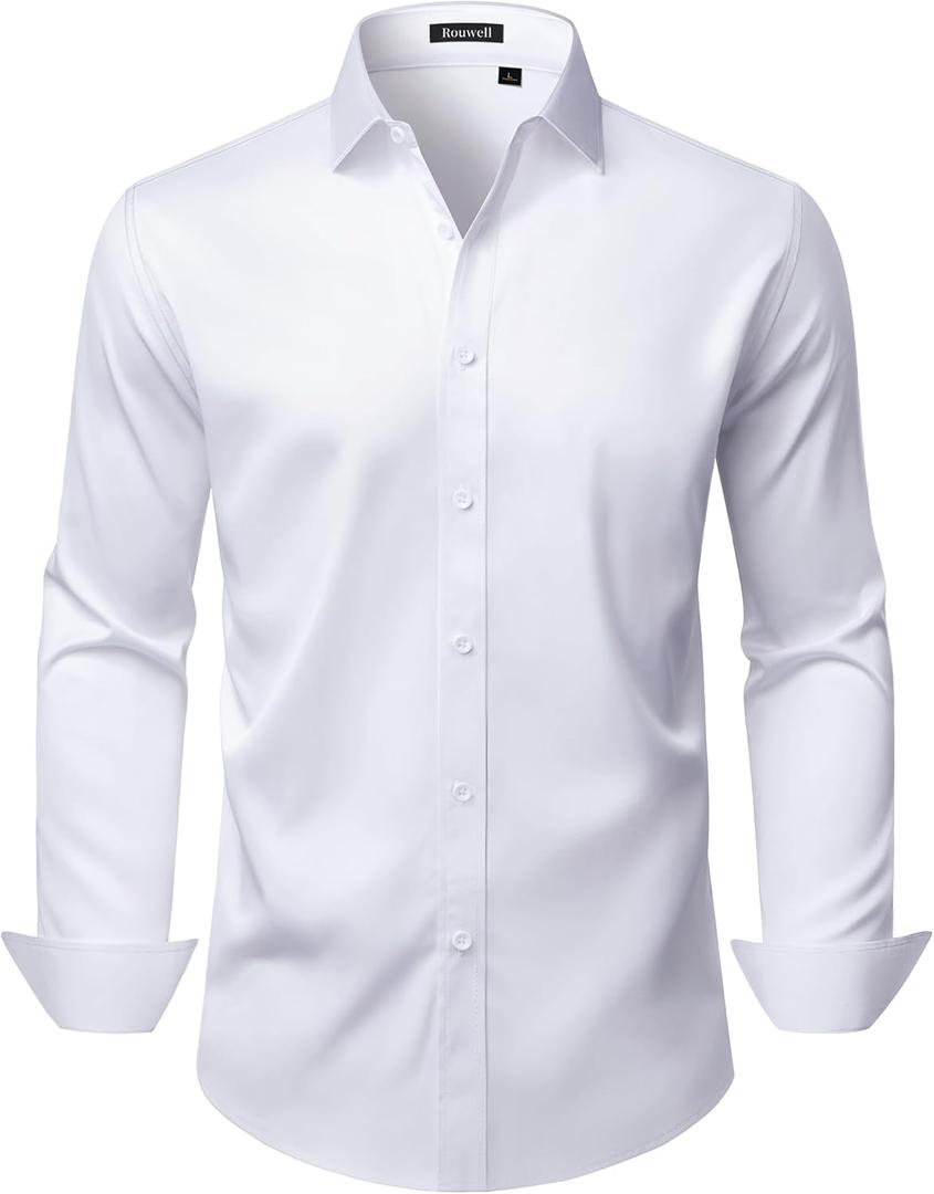 Mens Wrinkle Free Dress Shirts Regular Fit Business Button Down Shirt Formal Long Sleeve Wedding Stretch Shirts (Large, Arctic White)
