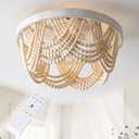 Boho Wood Beaded Ceiling Fan with Light and Remote, 20 Inch Low Profile Flush Mount Retro Fan Lights Fixture,6-Speed Reversible DC Motor E26 Base Fandelier for Living Room Bedroom Kitchen
